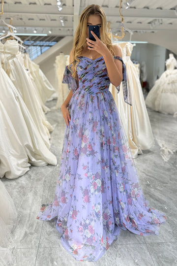 Off the Shoulder Lavender Floral Printed Prom Dress with Pleated